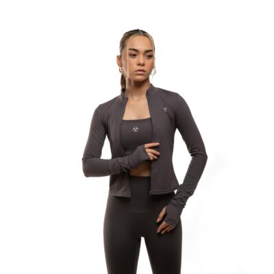 Donkergrijze yoga vest met ritsluiting en duimgaten in de mouwen.